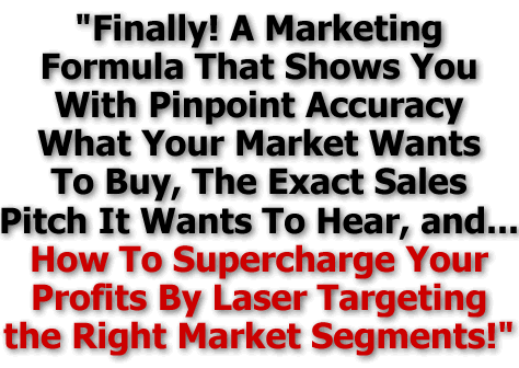 "Finally!  A laser-precise marketing formulat that shows WITH PINPOINT ACCURACY what any market wants to buy, the exact sales pitch it wants to hear, and how to SUPERCHARGE YOUR PROFITS by laser-targeting the right market segments!"
